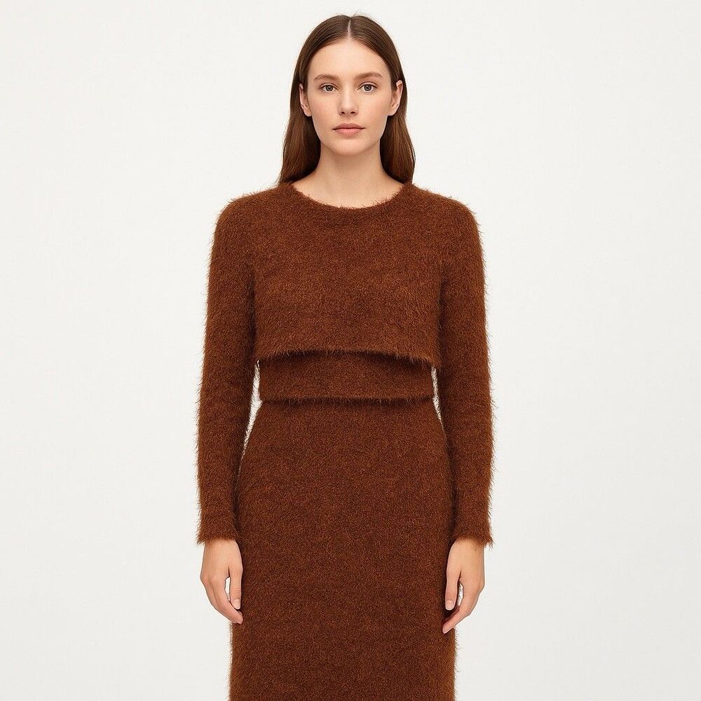 Vintage 70s 80s Design Today’s Brown Fuzzy Knit 2-Piece Sweater Skirt Set M USA